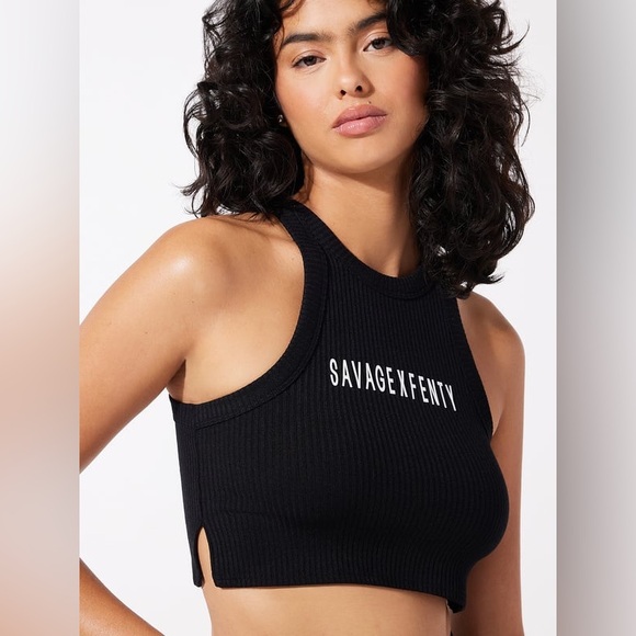 Savage X Fenty Tops - ⭐️ NWOT Savage X Fenty Xssential Heavy Ribbed Cropped Logo Black Tank SZ MEDIUM